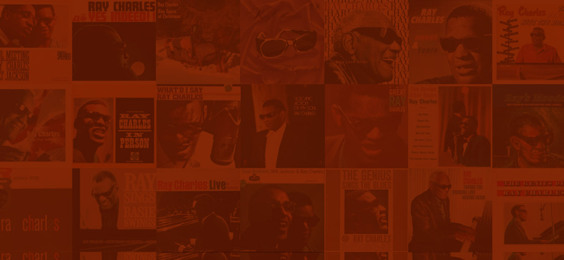 a red tinted background image featuring all of Ray Charles album covers